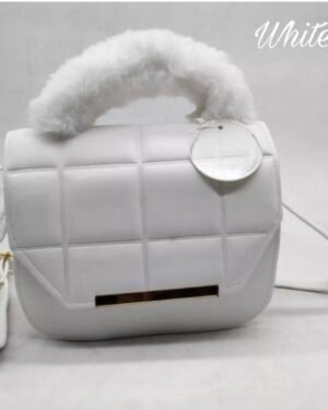 White Quilted Fur Handle Crossbody Bag for Girls