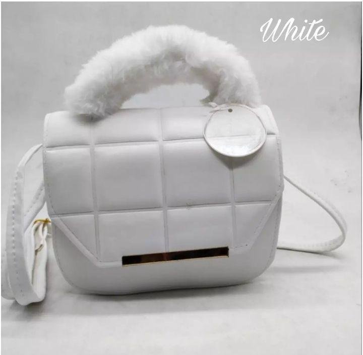 White Quilted Fur Handle Crossbody Bag for Girls White Quilted Fur Handle Crossbody Bag for Girls
