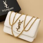 White YSL Crossbody Bag with Gold Chain for Girls