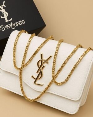 White YSL Crossbody Bag with Gold Chain for Girls