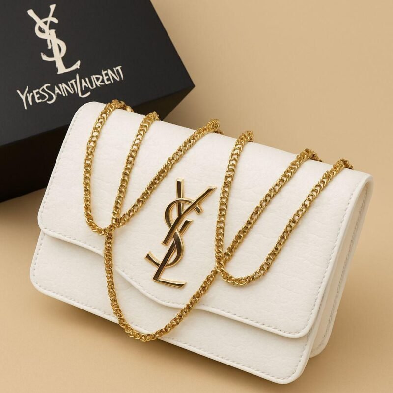 White YSL Crossbody Bag with Gold Chain for Girls