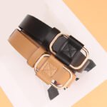 Women Casual Leather Belt Black Tan Gold Buckle