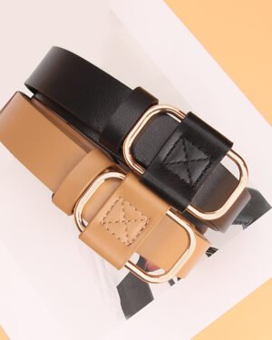 Women Casual Leather Belt Black Tan Gold Buckle