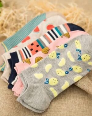 Women Cotton Printed Ankle Socks 5 Pcs Multicolor