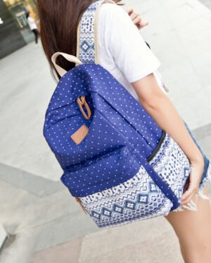 Women Ethnic Print Canvas Backpack Blue Dot Travel School Bag
