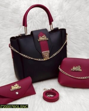 Women PU Leather Handbag Set Burgundy with Chain Strap