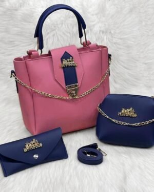 Women PU Leather Handbag Set Pink Blue 3pcs