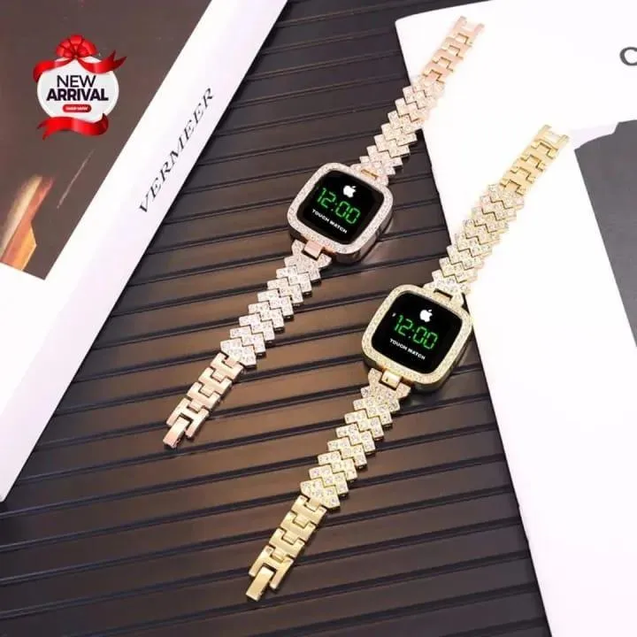 Women Square Digital Touch Watch with Diamond Chain Strap Women Square Digital Touch Watch with Diamond Chain Strap