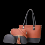 Women's 3-Piece Leather Textured Handbag Set Brown Black