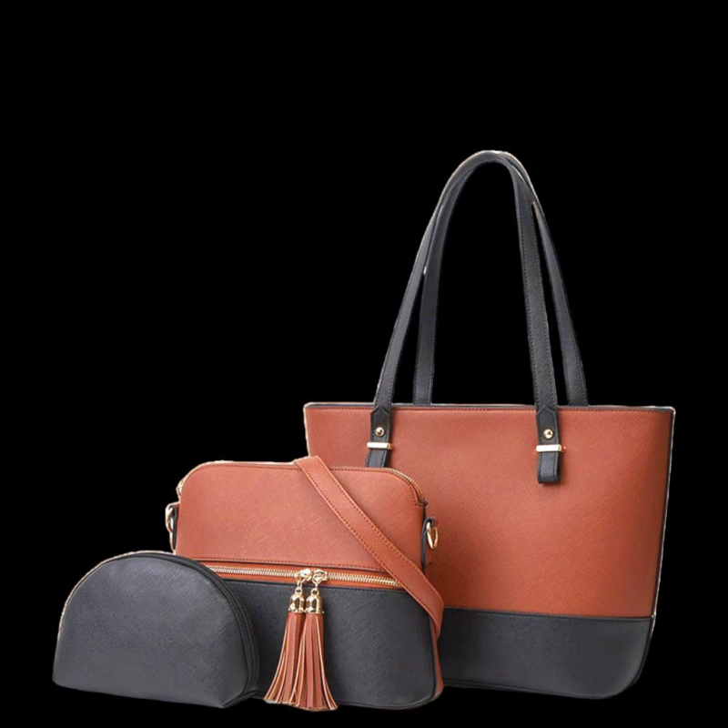 Women's 3-Piece Leather Textured Handbag Set Brown Black