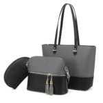 Women's 3-Piece PU Leather Tassel Handbag Set Grey Black