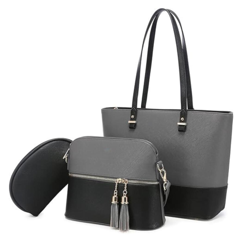Women's 3-Piece PU Leather Tassel Handbag Set Grey Black Women's 3-Piece PU Leather Tassel Handbag Set Grey Black