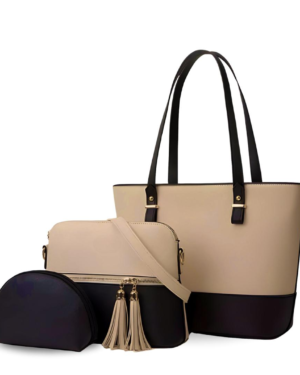 Women's 3-Piece PU Leather Tote Set Beige Black