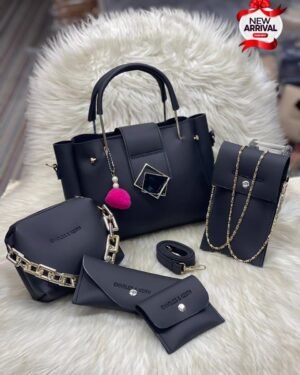 Women's Blue Leather 5-Piece Handbag Set with Chain & Top Handle