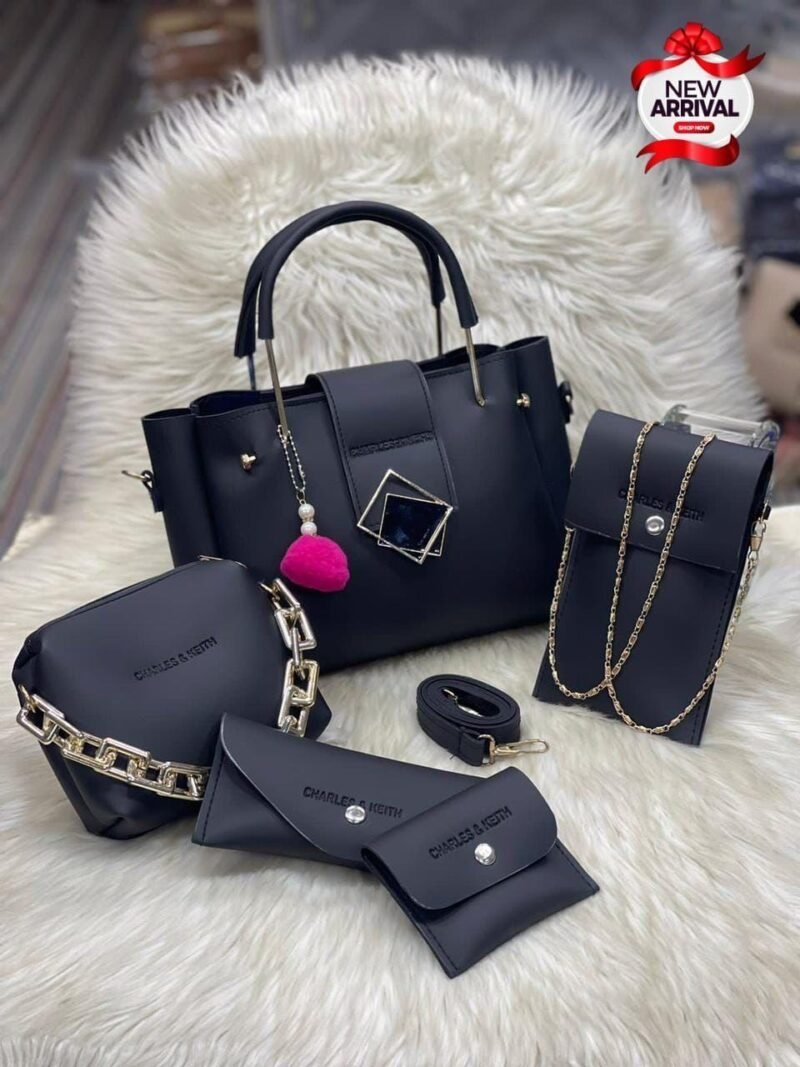 Women's Blue Leather 5-Piece Handbag Set with Chain & Top Handle
