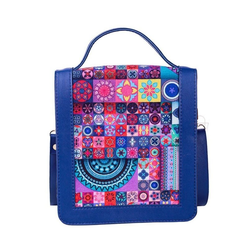 Women's Colorful Embroidered Crossbody Bag Blue PU Leather