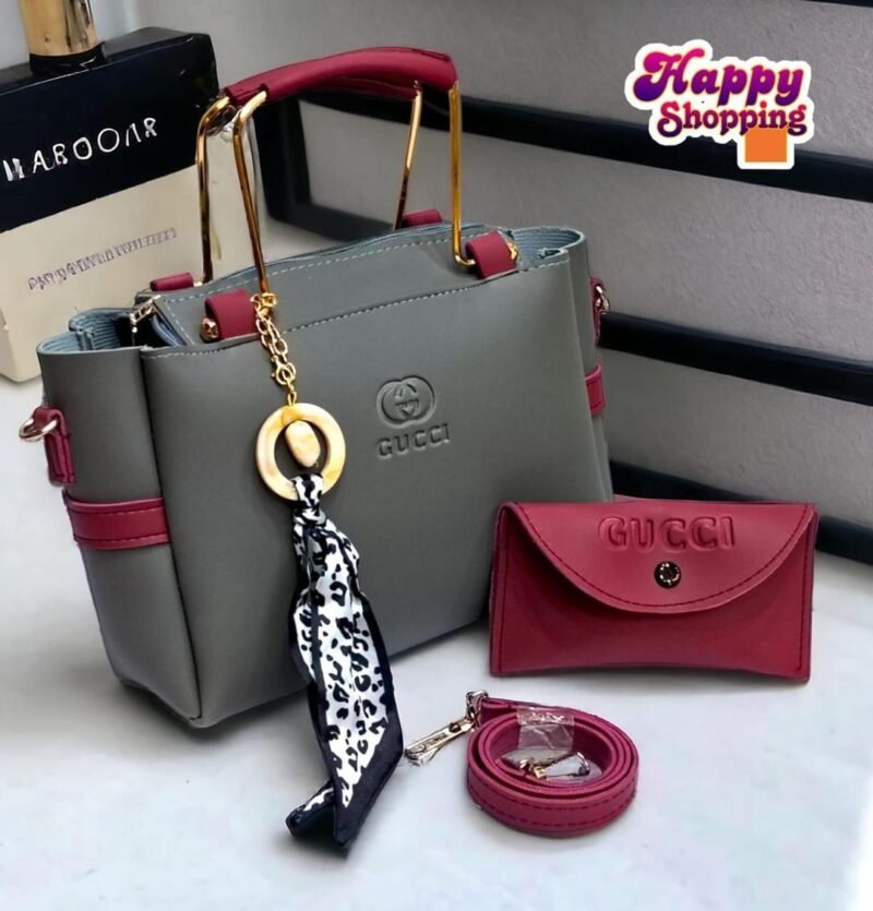 Women's Grey Rexine Top Handle Handbag Set