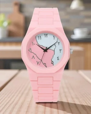 Women's Pink Aura Watch with Marble Dial and Chain Strap